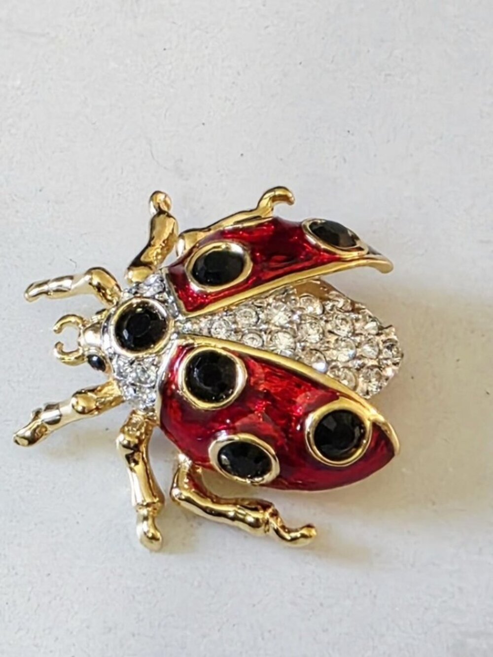 Vintage Signed BUTLER Red Enamel & Pavé Rhinestone Ladybug Brooch